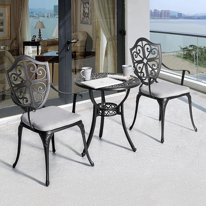 NUU GARDEN 3-Piece Cast Aluminum Bistro Set, Outdoor Patio Bistro Table and Chairs with Umbrella Hole and Grey Cushions, Black