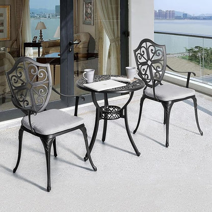 NUU GARDEN 3-Piece Cast Aluminum Bistro Set, Outdoor Patio Bistro Table and Chairs with Umbrella Hole and Grey Cushions, Black
