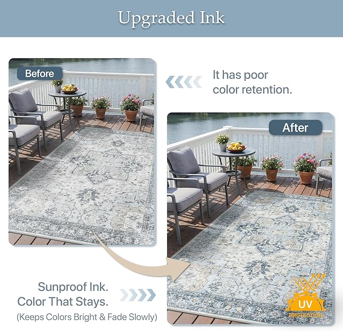 GENIMO Indoor & Outdoor Area Rug 8'x10', Waterproof, Non-Shedding, Easy Cleaning, Boho Mat for Patio, Living Room, Balcony, Dining Room, RV, Deck, Bedroom, Camping, Outside Carpet, Blue