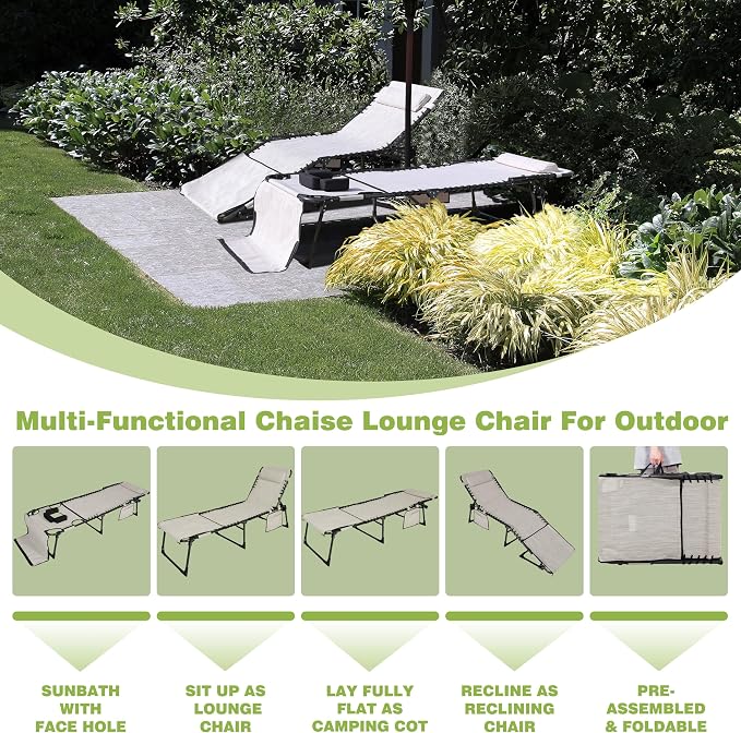 MUPATER Patio Chaise Lounge Chair for Outdoor with Face Hole, 4-Fold Ajustbale Backrest, Removable Pillow and Detachable Pocket, Portable Sun Lounger Recliner for Beach, Camping and Pool, Beige