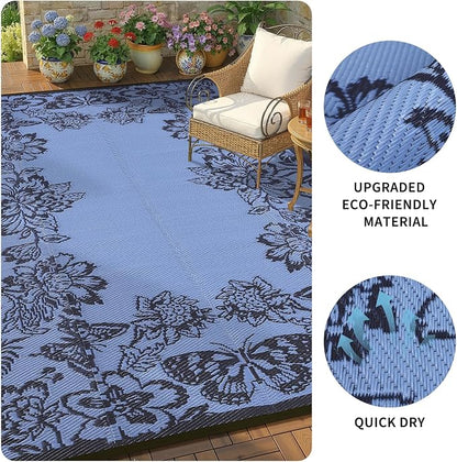 Garvee Outdoor Rugs 8’x10’ Waterproof Reversible Mats, Large Area Plastic Straw Rug, Outside Carpet, Butterfly Floral Rv Mat for Patio Camping Picnic Backyard Deck Balcony Porch Beach Trailer
