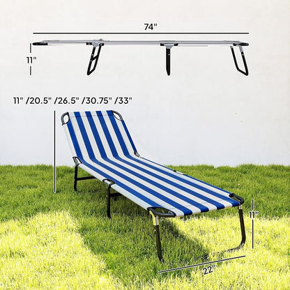 Outsunny Folding Chaise Lounge Pool Chairs, Outdoor Sun Tanning Chairs with 5-Level Reclining Back, Steel Frame for Beach, Yard, Patio, Blue and White
