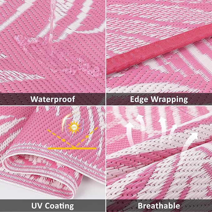 Pauwer Waterproof Outdoor Rug 8x10, Reversible Plastic Straw Patio Camping Rug, Indoor Outdoor RV Mat Carpet for Deck, Camper, Porch, Balcony, Backyard, Picnic, Leaf Pink