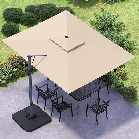 GREEN PARTY 12x9 ft Cantilever Patio Umbrella with Base Included, Rectangle Offset Outdoor Umbrellas with 360° Rotation, 5-Year-Non-Fading Hanging Pool Umbrella for Garden Deck Poolside - Beige