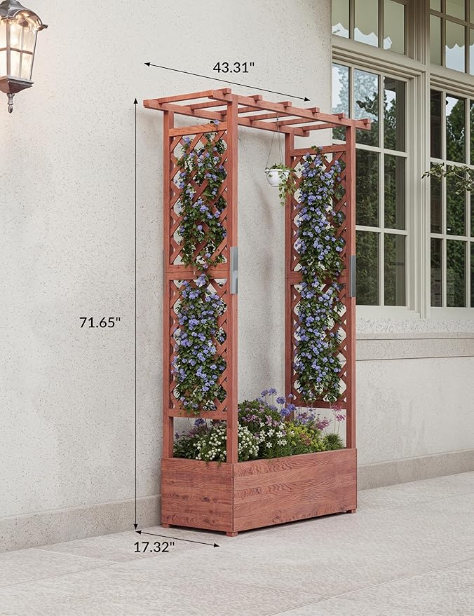 GarveeLife Raised Garden Bed with Trellis, 45 in Wood Planter Box with Side Trellis, Hanging Roof, and 4 Drainage Holes, Freestanding Elevated Garden Bed for Climbing Plants, Vines, Flowers
