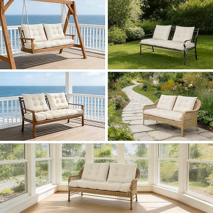 3 Pcs Wicker Chair Cushions Patio Loveseat Chaise Cushion Set - 1200D 47x19*4 Inch Waterproof Wicker Bench Cushions with 2 19x19x4 Inch Chair Cushions for Garden Porch Wicker Patio Furniture(White)