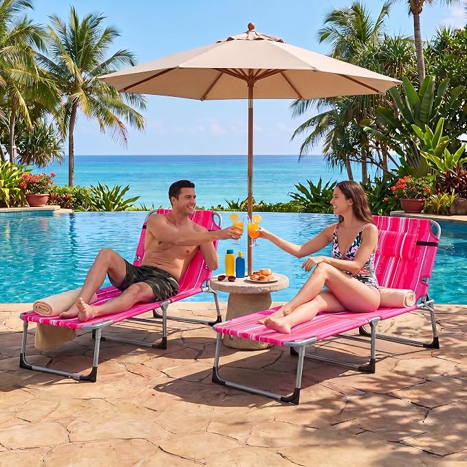 Giantex Set of 2 Tanning Chair, 5-Position Adjustable Beach Chair with Face & Arm Hole, Hand/Shoulder Strap, Removable Pillow, Side Pocket, Load 330 Lbs, Sunbathing Chairs, Lounge Chairs Outdoor