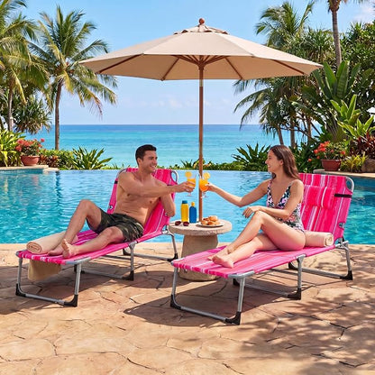 Giantex Set of 2 Tanning Chair, 5-Position Adjustable Beach Chair with Face & Arm Hole, Hand/Shoulder Strap, Removable Pillow, Side Pocket, Load 330 Lbs, Sunbathing Chairs, Lounge Chairs Outdoor