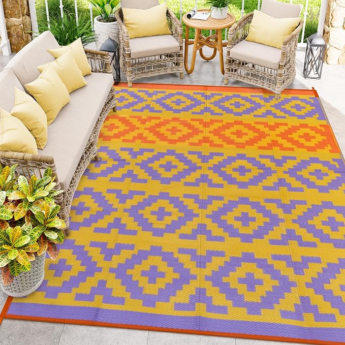 Anidaroel Camping Rug for Outside RV, 8x10 Waterproof Outdoor Rug for Patio Clearance, Reversible Plastic Straw Outside Area Rug for Deck, Camper, Backyard, Picnic(Purple&Orange,8‘x10')