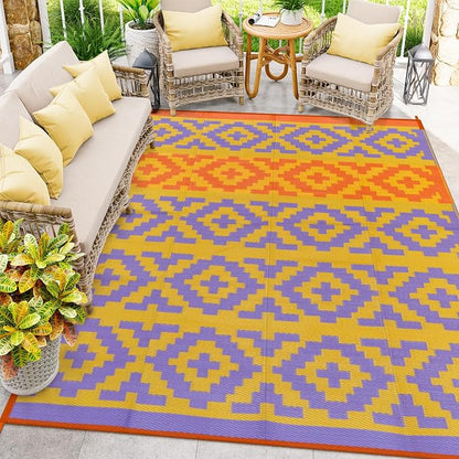 Anidaroel Camping Rug for Outside RV, 8x10 Waterproof Outdoor Rug for Patio Clearance, Reversible Plastic Straw Outside Area Rug for Deck, Camper, Backyard, Picnic(Purple&Orange,8‘x10')