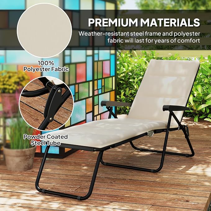 Outsunny Folding Lounge Chair, Reclining Tanning Chair, Sun Lounger with 6-Position Adjustable Back, Padded Cushion for Patio, Garden, Beach, Pool, Beige