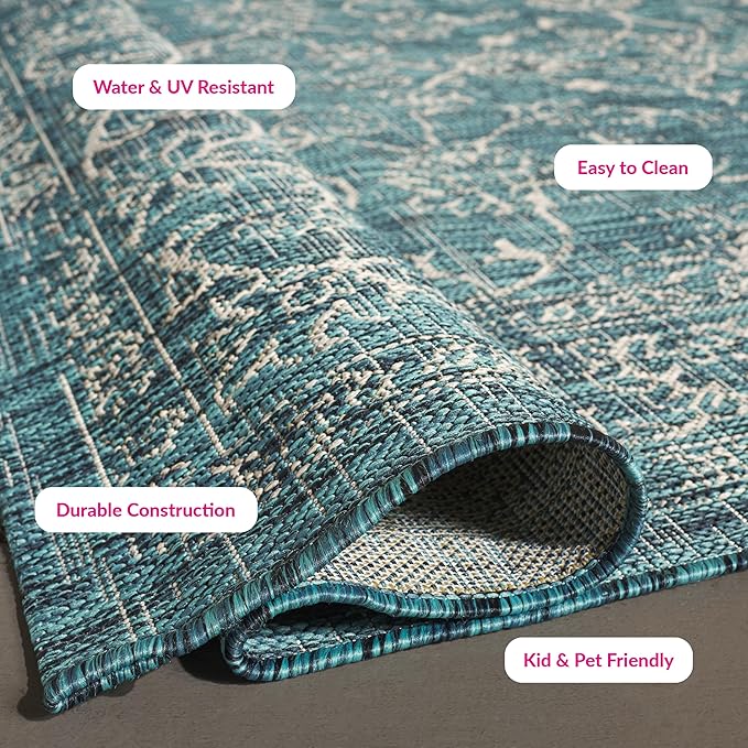 SAFAVIEH Washable Rug Outdoor Courtyard Collection - 5'3" x 7'7", Turquoise, Non-Shedding & Easy Cleaning, Ideal for Patio, Backyard, Mudroom (CY8680-37221)