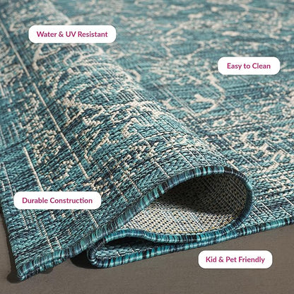 SAFAVIEH Washable Rug Outdoor Courtyard Collection - 5'3" x 7'7", Turquoise, Non-Shedding & Easy Cleaning, Ideal for Patio, Backyard, Mudroom (CY8680-37221)