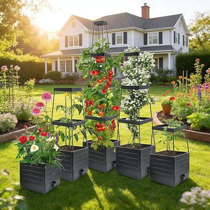 MQUPIN Tomato Planter Box with Trellis for Garden, 57 Inch Self-Watering Raised Garden Bed, Patio Tomato Cage for Climbing Vegetables & Flowers, Upgraded Tomato Pot for Indoor Outdoor Use (2 Pack)