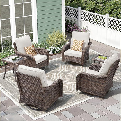 Patio Wicker Chairs Swivel Rocker-Outdoor Swivel Rocker Chair Set of 4 with Wicker Glider Rocker Set, PE Rattan Rocking Chair with 2 Side Table for Balcony Deck Porch Brown/Beige