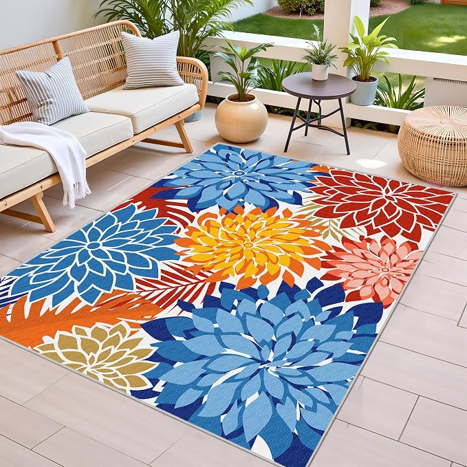 Colorful 5x8 Outdoor Area Rug Washable Multicolored Patio Rug Tropical Botanical Floral Chenille Waterproof Outdoor Carpet for Living Room, Deck, Backyard, Porch, Vivid Dahlia