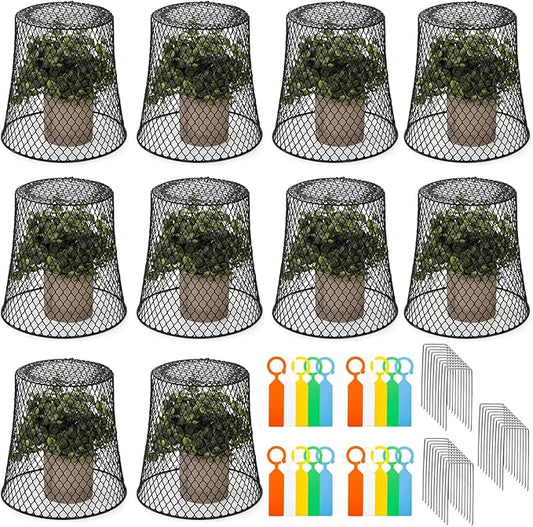 SOUJOY 10 Pcs Chicken Wire Plant Covers, 8 x 8 Inches Metal Garden Cloche with 30 Garden Stakes and 20 Waterproof Labels, Plant Protectors from Animals for Keeping Bunnies Chicken Squirrels Birds Out