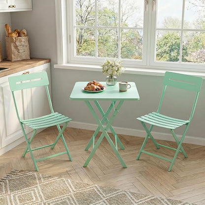 GarveeTech 3-Piece Folding Bistro Set, Heavy Duty Outdoor Patio Furniture with 2 Chairs & 1 Table, Weather-Resistant Steel Frame, No Assembly Required for Garden, Yard, Balcony,Green