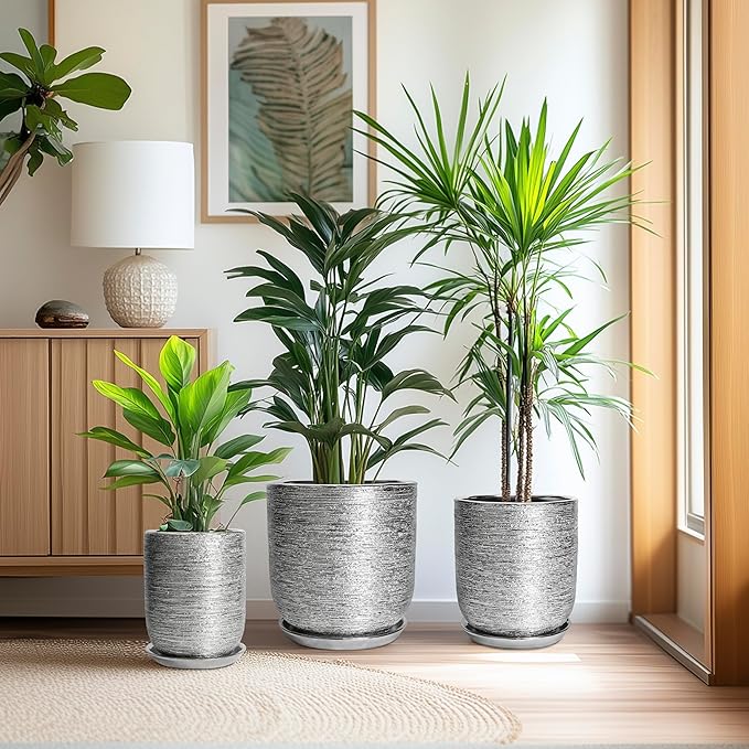 10 Inch Plant Pot - Ceramic Planter for Indoor Outdoor Flowers, Cylinder Modern Flower Pot with Drainage Hole and Saucer, Gifts for Plants Lovers, Home Garden Office House Decor, Silver