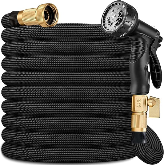 Flexible Garden Hose 25 FT, Ultra Lightweight Water Hoses 25FT w/10 Function Sprayer and 3/4" Brass Fittings, Kink-Free, Sturdy, Abrasion Resistant for Yard, Lawn, Outdoor and Gardening(Black)