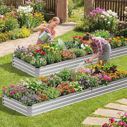 NEWBULIG 12x4x1ft 2PCS Galvanized Raised Garden Bed, Outdoor Metal Planters Box for Vegetables, Flowers & Herbs, Open Base, Easy Assembly, X-Shaped Bars