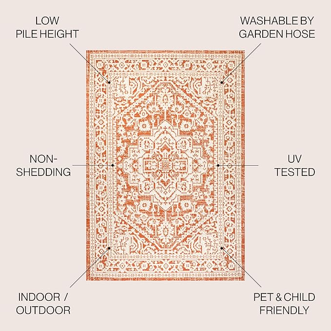 JONATHAN Y Medallion Weave Indoor Outdoor Square Area Rug 5X5 Orange/Cream, Sinjuri Textured for Backyard, Patio, Porch, Easy-Cleaning, High Traffic, Pet-Friendly, Non-Shedding (SMB101F-5SQ)