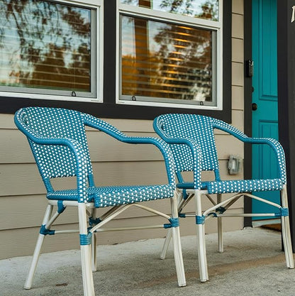 PURPLE LEAF Dining Chair Set of 2 Outdoor French Bistro Chairs Hand-Woven Aluminum Wicker Rattan Armchair for Garden Kitchen Backyard Porch White Print Finish Patio Chairs Light Blue