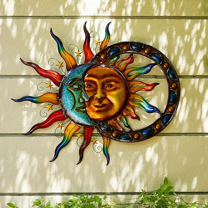 Glitzhome Sun and Moon Wall Decor, 33.5 Inch Celestial Metal Wall Art with Glossy Color Finish and Antique Details, Outdoor Sun and Moon Decor for Garden Porch Patio Home
