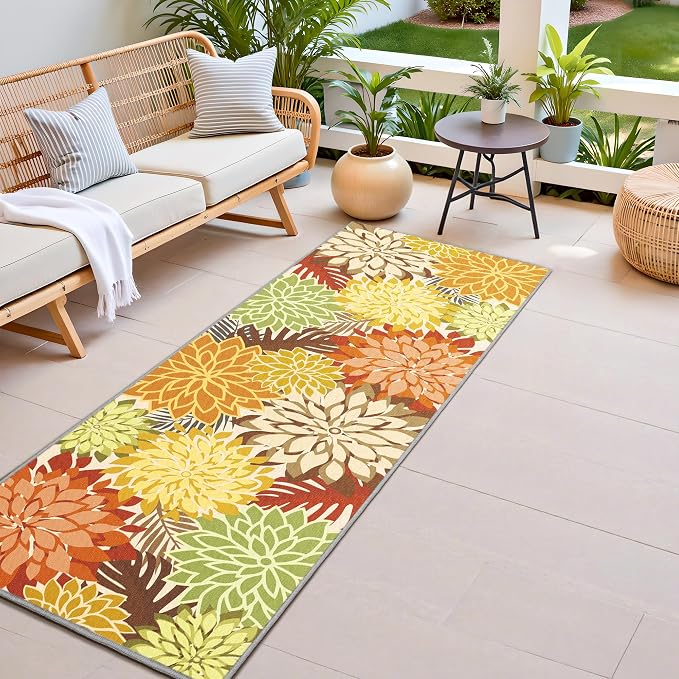 Colorful 2x6 Washable Runner Rug for Hallway Tropical Botanical Modern Floral Chenille Kitchen Rugs Low Pile Non Slip Carpet for Patio, Bedroom, Laundry, Orange