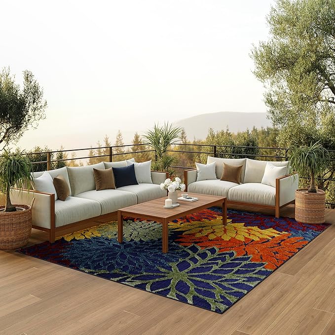 Nourison Home Aloha Indoor/Outdoor Modern Navy Multicolor 9' x 12' Area Rug, Easy Cleaning, Non Shedding, Bed Room, Living Room, Dining Room, Backyard, Deck, Patio (9x12)