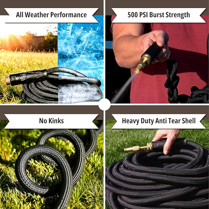Hydrosteel PRO 50 Ft Heavy Duty Metal Garden Hose with Nozzle, Water Hose Made from 304 Stainless Steel, Flexible, Lightweight, Brass Crush Resistant Fittings, Kink Free, 5/8” Diameter, 600 PSI