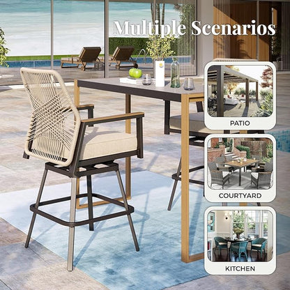3 Piece Outdoor Bar Set, Swivel Counter Height Bar Stools with 40" Table, Wicker High Top Outdoor Table and Chairs with Cushion, Patio Barstool Set for Porch, Pool and Deck, Beige
