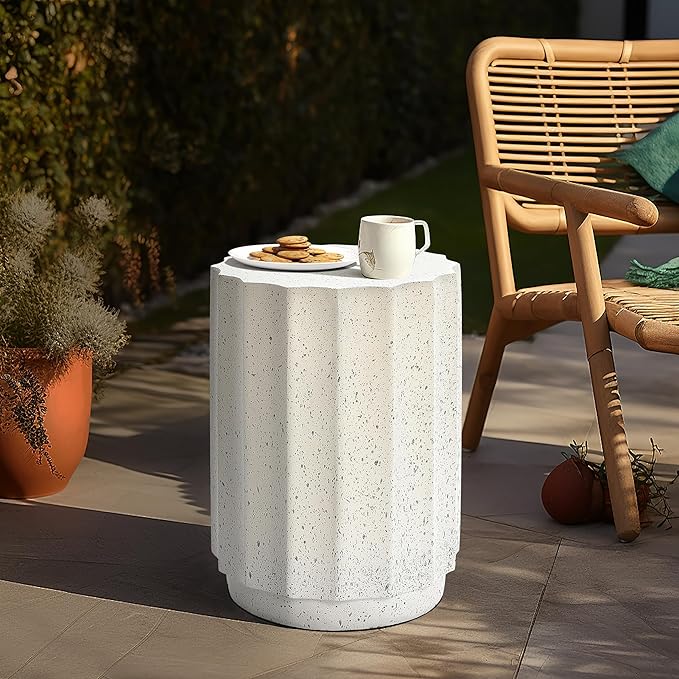 LuxenHome Cream with Gray Cement Fluted Round Indoor Outdoor Side and End Table, Set of 2