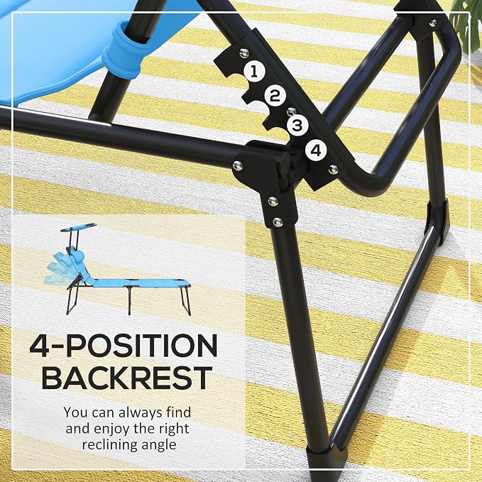 Outsunny 2 Pieces Outdoor Lounge Chair, Adjustable Backrest Folding Chaise Lounge, Cushioned Tanning Chair with Sunshade Roof & Pillow Headrest for Beach, Camping, Hiking, Light Blue