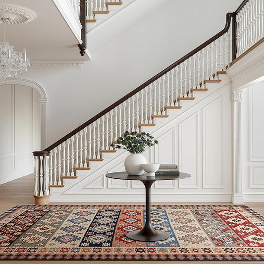 Dash & Albert Balsam Kilim Multi Machine Washable Rug, 9.5 X 13.5 Feet, Red Geometric Pattern