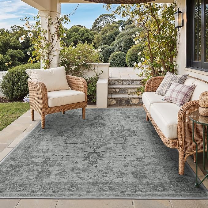 GENIMO Outdoor & Indoor Area Rug 6'x9', Waterproof, Non-Shedding, Easy Cleaning, Boho Mat for Patio, Living Room, Balcony, Dining Room, RV, Deck, Bedroom, Camping, Outside Carpet,Dark Grey