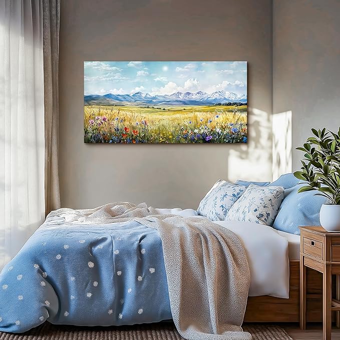 SERIMINO Nature Landscape Large Wall Art Prints, Meadow Wildflowers Rustic Home Decor, Mountain Wilderness Scenic Canvas Painting, Outdoor Pictures Wall Decor Living Room Bedroom Bathroom 24"X48"