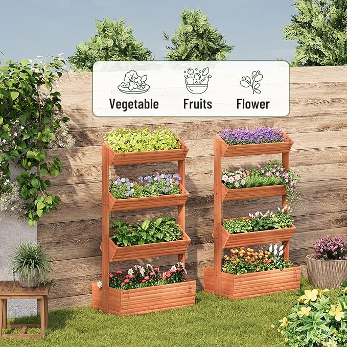 Vertical Wooden Raised Garden Bed, Garden Planters Freestanding Wood Plant Stand Flower Rack Wooden Planter Box for Plants Herbs Flowers Vegetables Outdoor Indoor Gardening (4-Tier Brown)