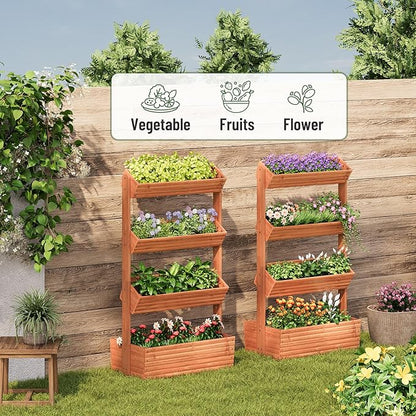Vertical Wooden Raised Garden Bed, Garden Planters Freestanding Wood Plant Stand Flower Rack Wooden Planter Box for Plants Herbs Flowers Vegetables Outdoor Indoor Gardening (4-Tier Brown)