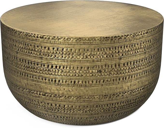 SIMPLIHOME Johnsen Metal Coffee Table - 30 inch Wide Solid Metal Round Drum Accent Table in Antique Gold, Boho Coffee Table for Living Room or Bedroom with Decorative Textured Design, Assembled