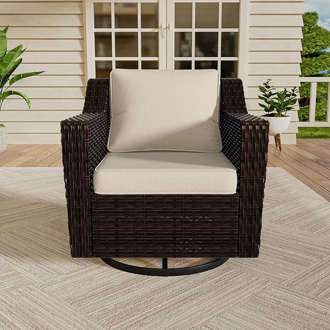Vista Vibe Outdoor Patio Deep Seat Luxurious Chair - 360 Degree Swivel Glider Rocker Chair with Washable Cushions, Hand-Woven & All-Weather PE Rattan, Balcony, Yard (Brown/Beige)