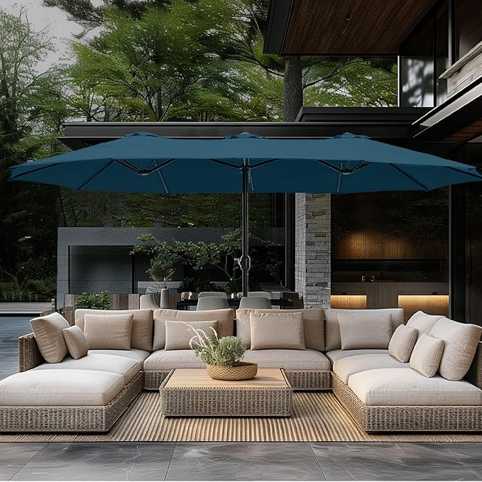 GREEN PARTY 15 ft Rectangle Patio Umbrella with Base Included, Double-Sided Table Umbrella with Crank, Large Outdoor Umbrellas for Patio Poolside Garden Backyard, Cerulean