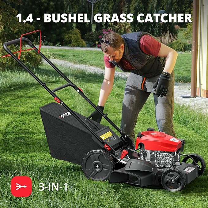 AMERISUN 21-Inch Self-Propelled Gas Lawn Mower for Large Yard, 170cc 4-Stroke Engine, 6-Position Adjustable Cutting Height, 3-in-1 Mulching, Side Discharge & Rear Bag for Garden Landscaping