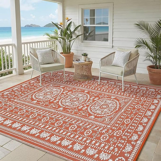 Garvee Reversible Outdoor Rug 5x8 for Patio, Waterproof Outdoor Area Rug, Boho Medallion Indoor Outdoor Carpet for Porch, Plastic Straw Rug for RV, Camping, Deck, Vintage Terracotta