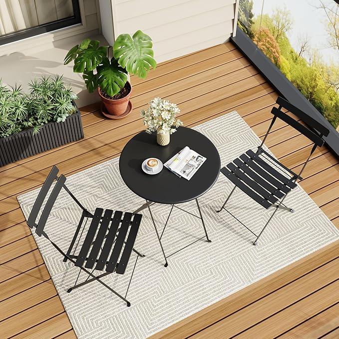 GarveeLife 3-Piece Folding Bistro Set, Foldable Patio Furniture Set with Premium Frame, Outdoor Bistro Table and Chairs Set of 2 for Patio, Garden and Balcony, Black