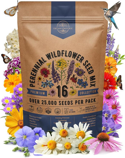 Organo Republic 16 Perennial Wildflower Seeds Mix for Indoor & Outdoors 25,000+ Non-GMO, Heirloom Wildflower Garden Seeds, 1oz Packet for Growing Wild Flowers to Attract Bees, Butterflies & Birds