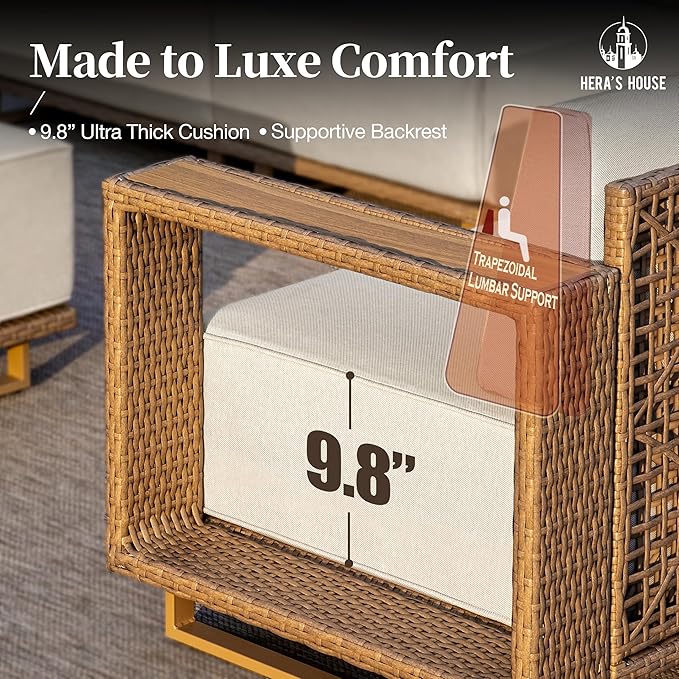 HERA'S HOUSE 5 Pieces Sectional Outdoor Patio Furniture Set, Modular Patio Conversation Set with 2 All Weather Rattan Wicker Sofas with 5.3" Widened Armrest, 2 Comfy Armchairs, and 1 Coffee Table