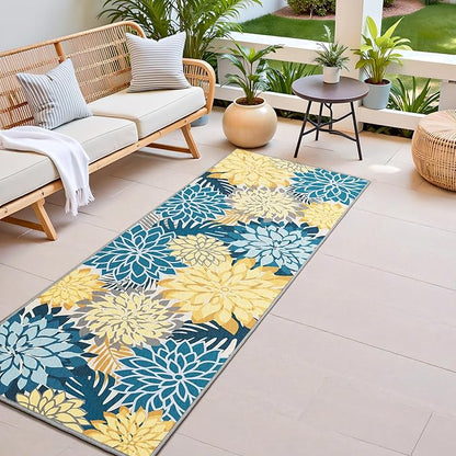 Colorful 2x6 Washable Runner Rug for Hallway Tropical Botanical Modern Floral Chenille Kitchen Rugs Low Pile Non Slip Carpet for Patio, Bedroom, Laundry, Ocean Dahlia