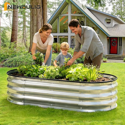 NEWBULIG Heavy-Duty Galvanized Oval Raised Garden Bed for Outdoor, Metal Planter Box with Open Base, Easy Assembly with Safe Edges for Vegetables/Flowers/Herbs