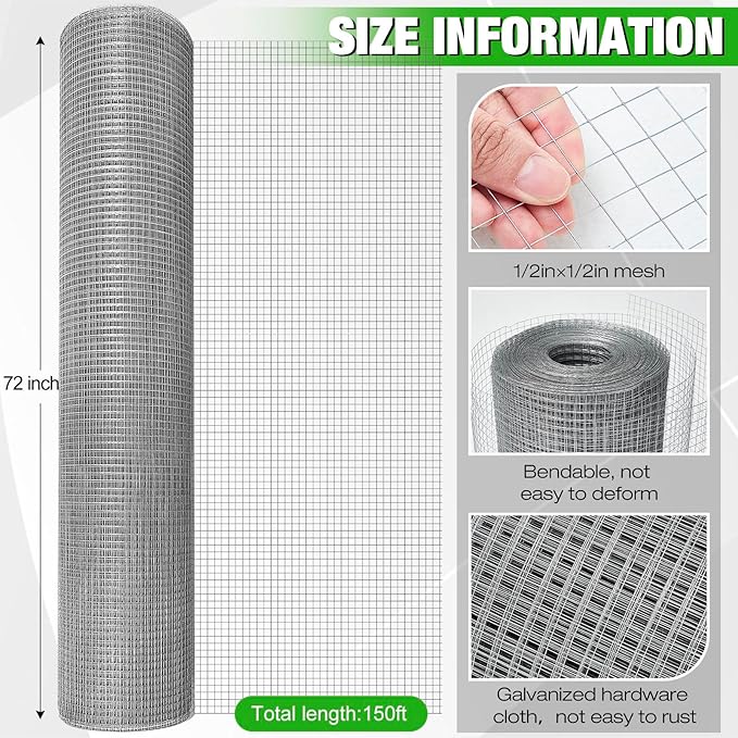 Tatuo Hardware Cloth 1/2 Inch 72in x 150ft Hot Dip Galvanized After Welded Cage Mesh Rolls 21 Gauge Metal Chicken Wire Roll Wire Fencing Poultry Netting for Raised Garden Rodent Animals